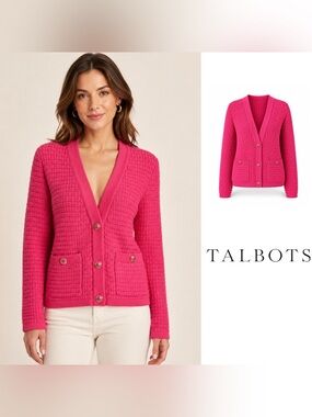 NEW Talbots Hot Pink Textured V-Neck Button Cardigan